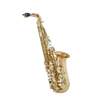 Golden Alto Saxophone, Woodwind Music Instrument Isolated on White background