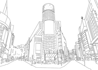 漫画背景イラスト。渋谷のような繁華街の線画