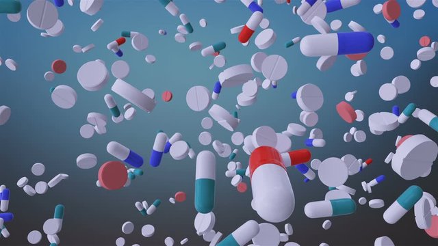 Medicine pill capsule and tablets explosion animation.Vitamin pills.Drug and Pharmaceutical Tablets for Hospital.White,blue,green and red.RGB.Pharmacy and healthcare treatment needs.Blust type 1.