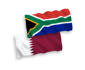 National vector fabric wave flags of Qatar and Republic of South Africa isolated on white background. 1 to 2 proportion.