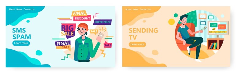 Hipster man get sms spam and marketing messages, sale and discount. Man watch tv shop, telemarketing concept illustration. Vector web site design template. Landing page website illustration