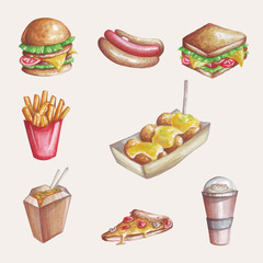 Illustration of watercolors from several junk food.