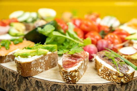 Sandwiches On A Wooden Tray Close-up