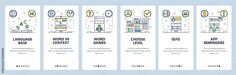 Poster distance language learning website and mobile app onboarding screens vector template