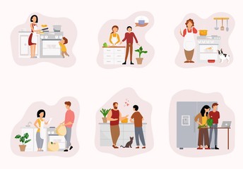 Happy people cooking in kitchen, vector flat isolated illustration