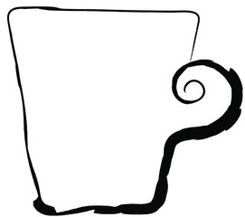 Cup - a black outline is drawn in the style of doodle, dishes for coffee. Tea party symbol in abstract form, icon for a coffee shop.
