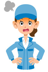 怒る青い作業着の女性
