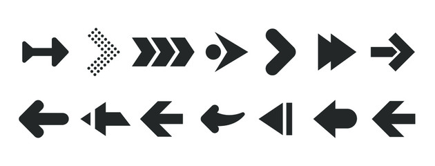 Black arrows set isolated on white background. UI and web design. Vector illustration 