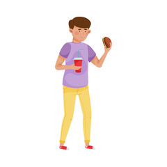 Sad Man Eating Fast Food to Reduce Stress Vector Illustration