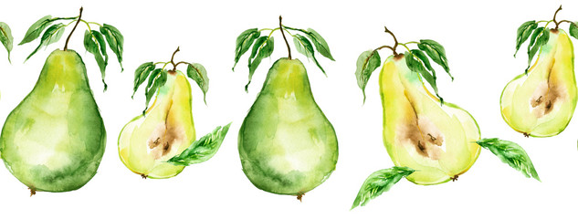 Seamless watercolor pattern with a picture of a pear fruit. Apply in the field of design, packaging, textile and other. Portion of pear, lobule, cut. Fruit with a leaf. Garden pears, harvest. line