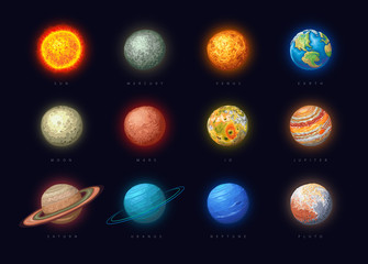 Vector illustrated set featuring 12 celestial object of the solar system