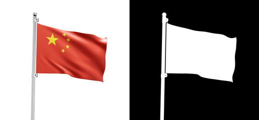 Chinese flag on pole. Symbol of China  isolated on white background. 