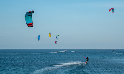 kite on the beach, active water sports, kitesurfing at sea in the lagoon