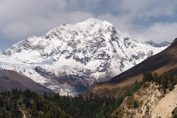 Naike mountain peak view from Lho village, Himalaya mountains range in Nepal