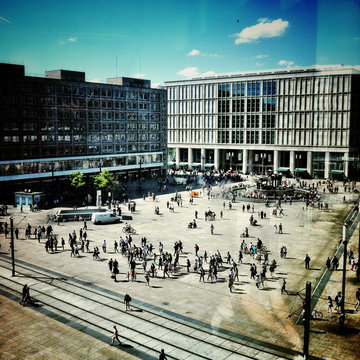 High Angle View Of Crowd At Alexanderplatz Seen From Glass Window