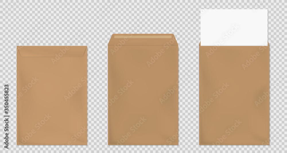 Poster brown envelopes a4 template set. blank closed and open craft paper covers, vertical letter package w