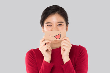 young asian woman holding happy emotion paper  , advertising banner