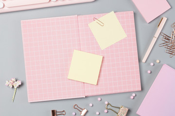 flat lay stationery on work desk in gray pastel background	