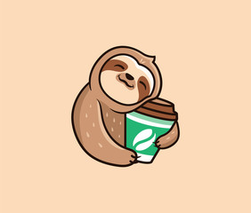 The logo funny sloth with coffee. Food logotype, cute animal sleep © Olesia