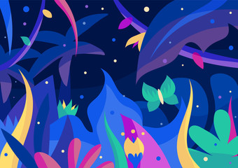 Fototapeta na wymiar Beautiful night jungle postcard with palms, flowers, fireflies and butterfly. 2d vector illustration for print, wallpaper, application, web design. Blue, purple, green, cyan, violet. EPS10, editable. 