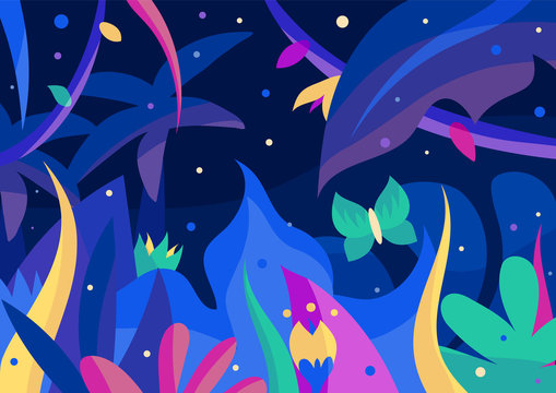 Beautiful night jungle postcard with palms, flowers, fireflies and butterfly. 2d vector illustration for print, wallpaper, application, web design. Blue, purple, green, cyan, violet. EPS10, editable. 