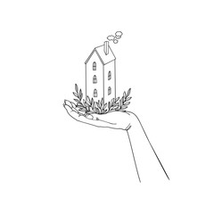 Vector illustration of house on the hand with beautiful twigs. Line graphic.