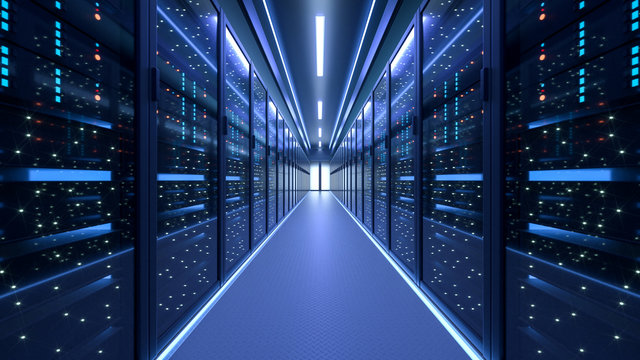 Working Data Center Full of Rack Servers and Supercomputers, Modern Telecommunications, Artificial Intelligence, Supercomputer Technology Concept.3d rendering,conceptual image.