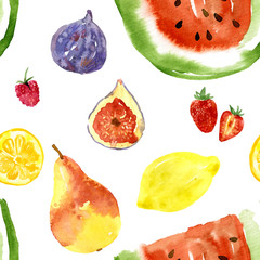 Watercolor seamless pattern of fruits and berries: pear, watermelon, raspberry, strawberry, fig, lemon. Bright and juicy ornament.
