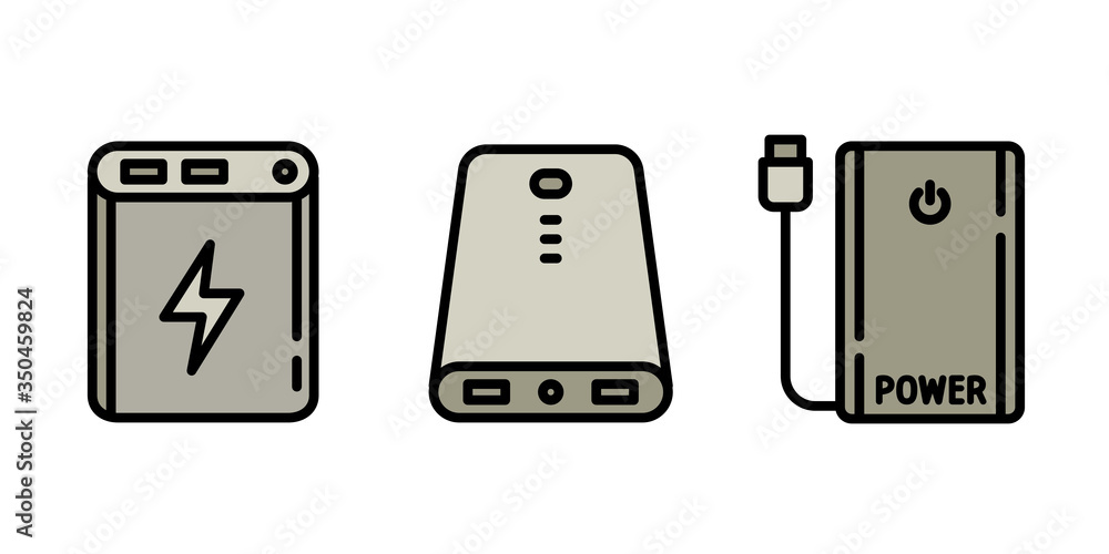Poster power bank icons set. outline set of power bank vector icons for web design isolated on white backgr