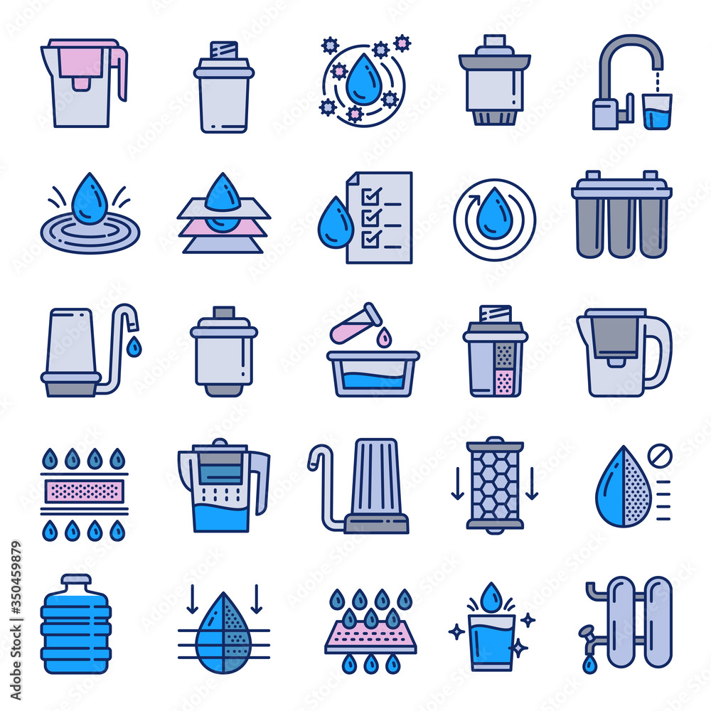 Poster filter water icons set. outline set of filter water vector icons for web design isolated on white ba