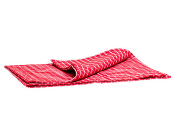 Closeup of a red and white checkered kitchen cloth or napkin isolated on white background. Kitchen accessories. Macro photgraph.