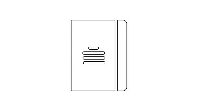 Black line Notebook icon isolated on white background. Spiral notepad icon. School notebook. Writing pad. Diary for school. 4K Video motion graphic animation
