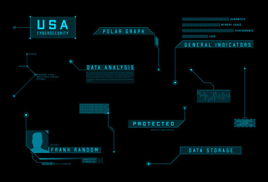 HUD callout UI design elements. Futuristic blue callout titles. Layout elements for sci-fi design, web, cyber events. Set modern digital callout titles. 