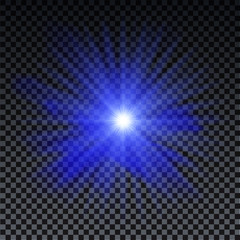 Blue burst on transparent background with sparkles and bokeh. Blue star glow effect. Magic burst for cads, invitations, poster and web. Futuristic vector design.
