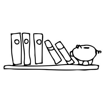 Hand drawing shelf with books,and a piggy bank.Simple logo,minimal picture.For greeting cards,children coloring book and seasonal design. Stock Doodle vector illustration isolated on white background.