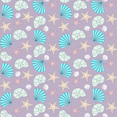 Colorful seashells and starfish on a purple background. Vector seamless pattern for wallpaper, wrapping paper, packaging, printing on fabric, textile, clothes and bags. Design template