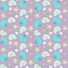 Colorful seashells and starfish on a purple background. Vector seamless pattern for wallpaper, wrapping paper, packaging, printing on fabric, textile, clothes and bags. Design template
