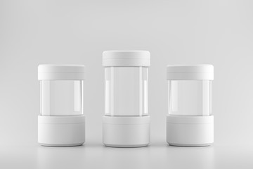 Modern pedestal or three test tube podium stand on blank product background with lab concept. Modern display or exhibition on studio platform template. 3D rendering.