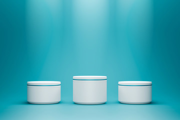 Winner podium and blank modern stand on cylinder pedestal background with spotlight product shelf. Blank studio podium for product advertising. 3D rendering.