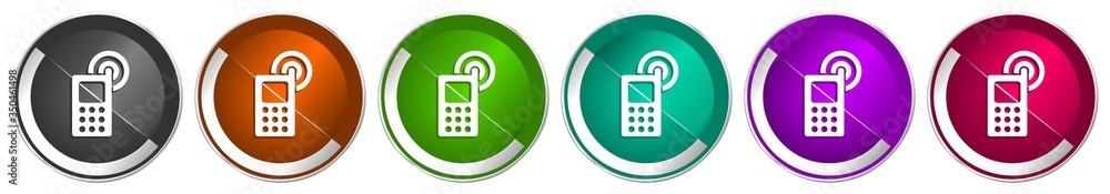 Poster phone icon set, mobile, cell silver metallic chrome border vector web buttons in 6 colors options fo