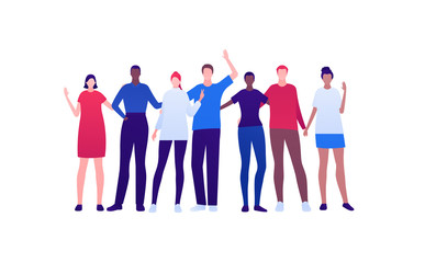 Student lifestyle, diversity and friendship concept. Vector flat person illustration. Multi-ethnic crowd of young adult people in smart casual fashion cloth. Design for banner, web, infographic.
