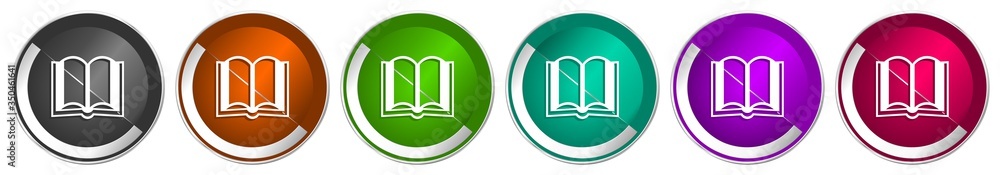 Aufkleber Book icon set, silver metallic chrome border vector web buttons in 6 colors options for webdesign