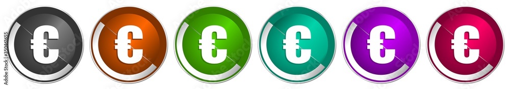 Poster Euro icon set, silver metallic chrome border vector web buttons in 6 colors options for webdesign