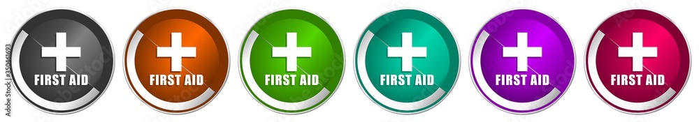 Aufkleber first aid icon set, silver metallic chrome border vector web buttons in 6 colors options for webdesi