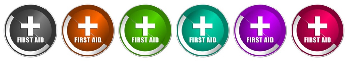 First aid icon set, silver metallic chrome border vector web buttons in 6 colors options for webdesign