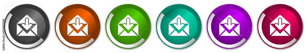 Poster email icon set, silver metallic chrome border vector web buttons in 6 colors options for webdesign