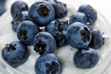 Ripe blueberries decorate yogurt
