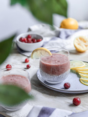 Sweet and delicious chia seed pudding on vegan coconut milk with berry and lemon puree. Popular super food