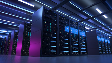 Working Data Center Full of Rack Servers and Supercomputers, Modern Telecommunications, Artificial Intelligence, Supercomputer Technology Concept.3d rendering,conceptual image. - obrazy, fototapety, plakaty
