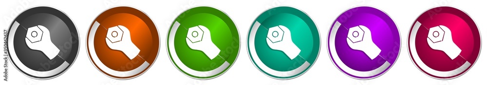 Poster Tools icon set, silver metallic chrome border vector web buttons in 6 colors options for webdesign